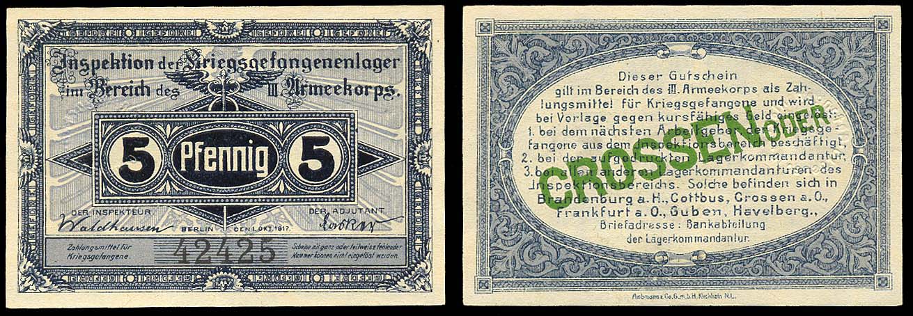  GERMANY, CROSSEN POW camp, 5 pfennig, C-2846, ND (WWI), Unc $15.00